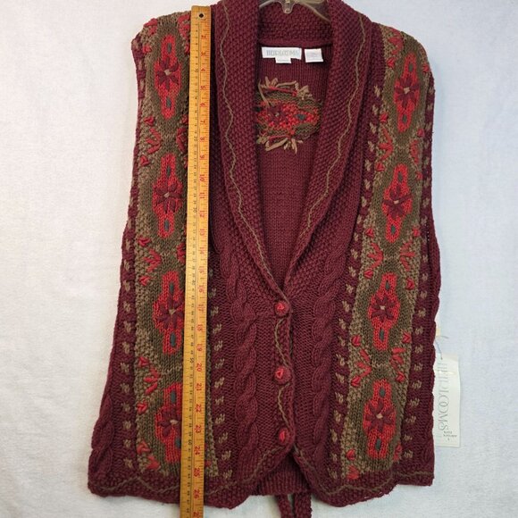 Handknit Sweater Vest Size Large Floral Embroidery Vintage Deadstock Brick Red - Picture 9 of 9